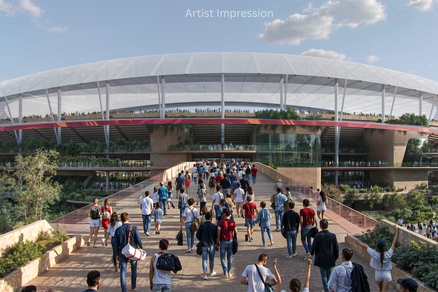 A generated image of people walking towards a stadium 