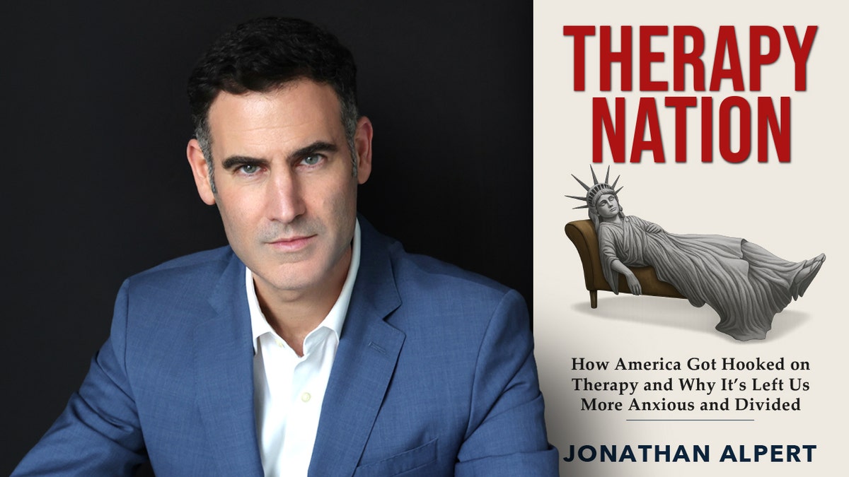 A split of author Jonathan Alpert and book cover 'Therapy Nation'