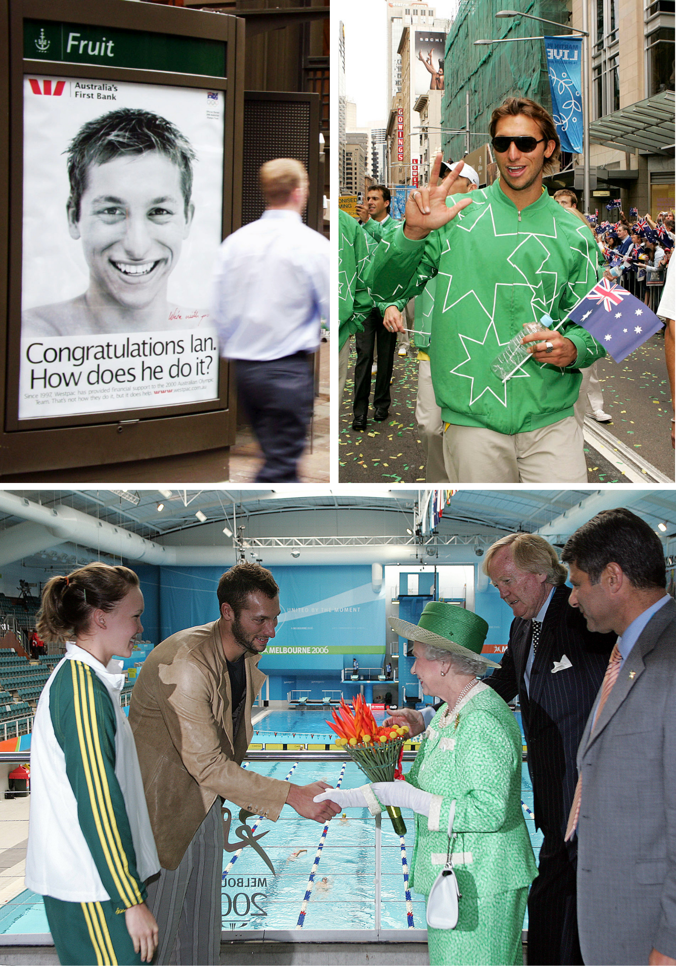 Ad of a young Thorpe with text "Congratulations Ian". Thorpe in a ticker-tape parade. Thorpe shaking the Queen's hand.